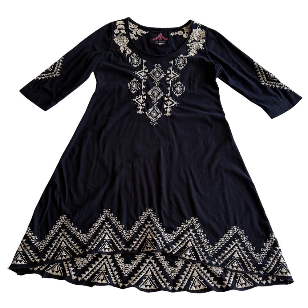 Johnny‎ Was JWLA Boho Embroidered High Low Hem Scoopneck Black Shift Dress M
